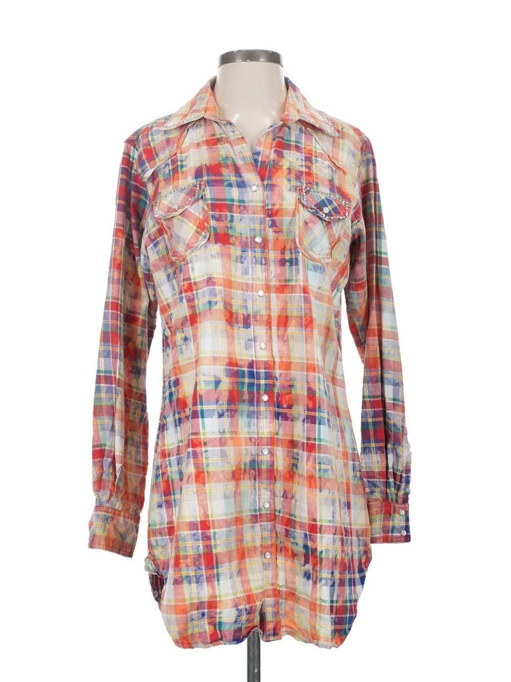 A Rare Bird Women’s Plaid Midi Shirt Dress Bleach Distressing Rhinestones Small